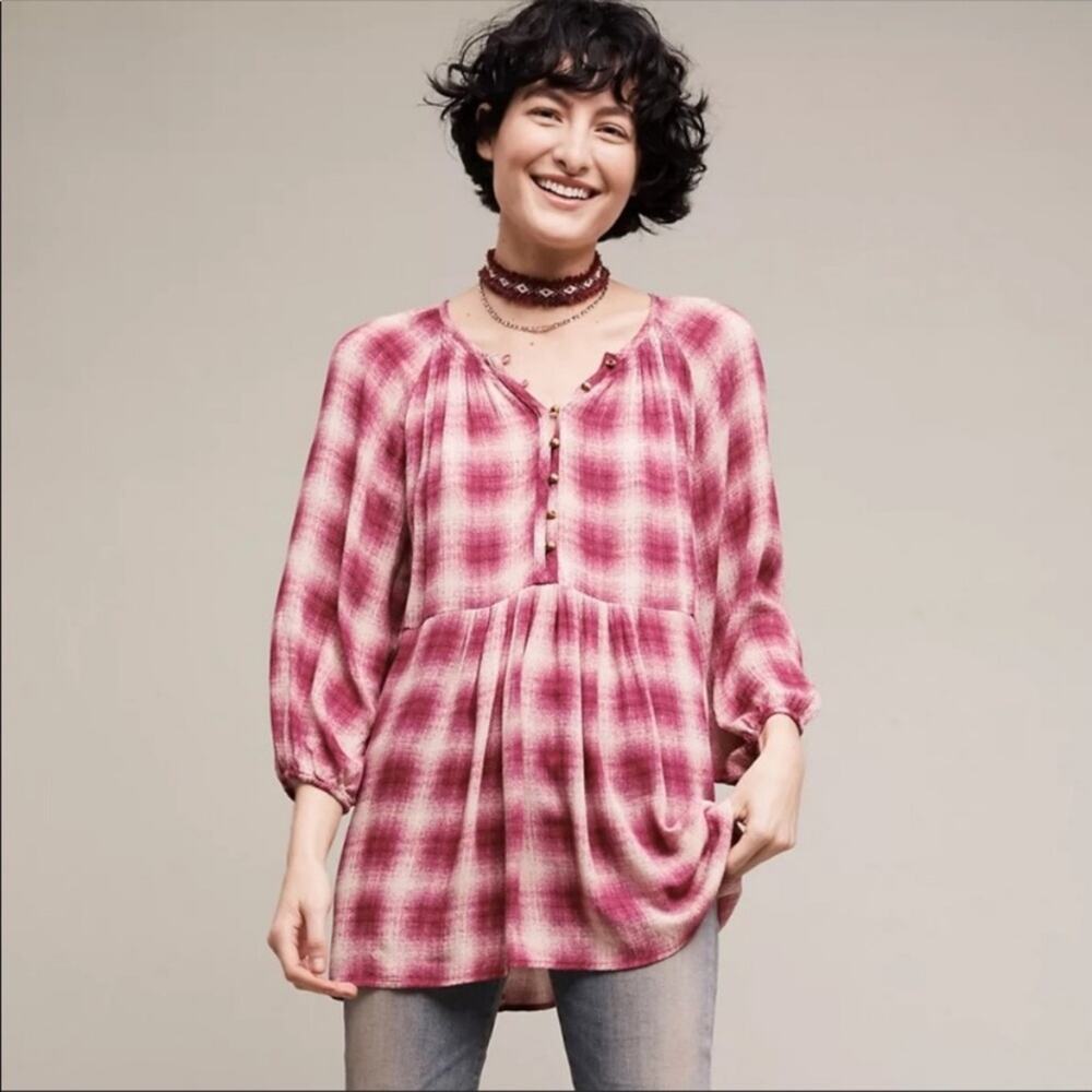 Anthropologie Maeve Pink Plaid Peasant Babydoll Tunic Blouse S